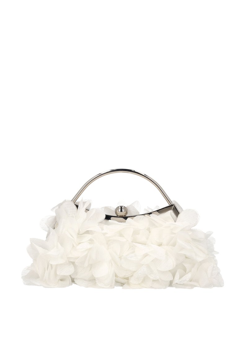 Biała torebka z teksturowanym falbankowym wzorem, wyposażona w srebrny metalowy uchwyt i zapięcie, wykonana z lekkiego materiału.