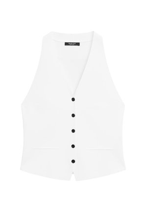 Débardeur blanc sans manches avec cinq boutons noirs sur le devant et deux petites poches avant.