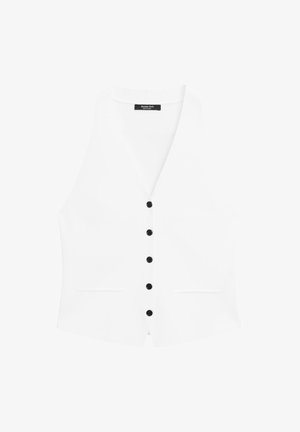 Hvid ærmeløs vest med fem sorte knapper foran og to små frontlommer.
