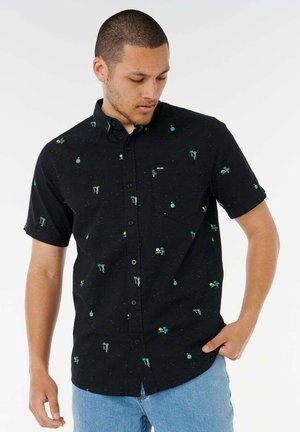 Sort kortærmet skjorte med knapper og farverigt print af palmetræer og ananas, lavet af letvægtsstof, med brystlomme.