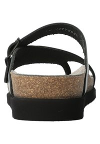 Sandales noires en cuir avec semelle en liège, sangle réglable et semelle en caoutchouc. Dessus texturé, design plat et détails minimalistes en métal.