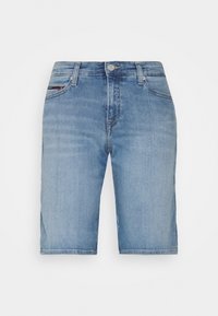 Shorts en denim bleu clair à coupe droite, dotés de cinq poches et de détails de couture subtils. Fermeture par bouton et fermeture éclair.