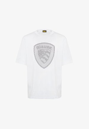 White short-sleeve T-shirt with a large shield pattern made of small diamond shapes in black on the chest.