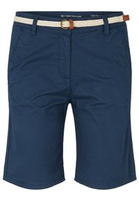Granatowe szorty wykonane z lekkiego materiału, z dwoma bocznymi kieszeniami, plecionym paskiem z brązowym skórzanym akcentem oraz prostym krojem.