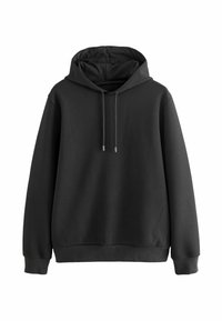 Zwarte hoodie van een gestructureerde stof, met een trekkoordkap, lange mouwen en een geribde zoom. Eenvoudig ontwerp zonder zichtbare logo's.