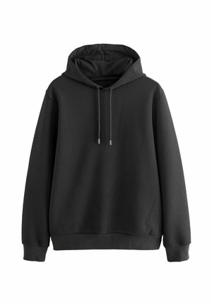 Sudadera negra con tejido texturizado, que presenta una capucha con cordón, mangas largas y un dobladillo acanalado. Diseño sencillo sin logotipos visibles.