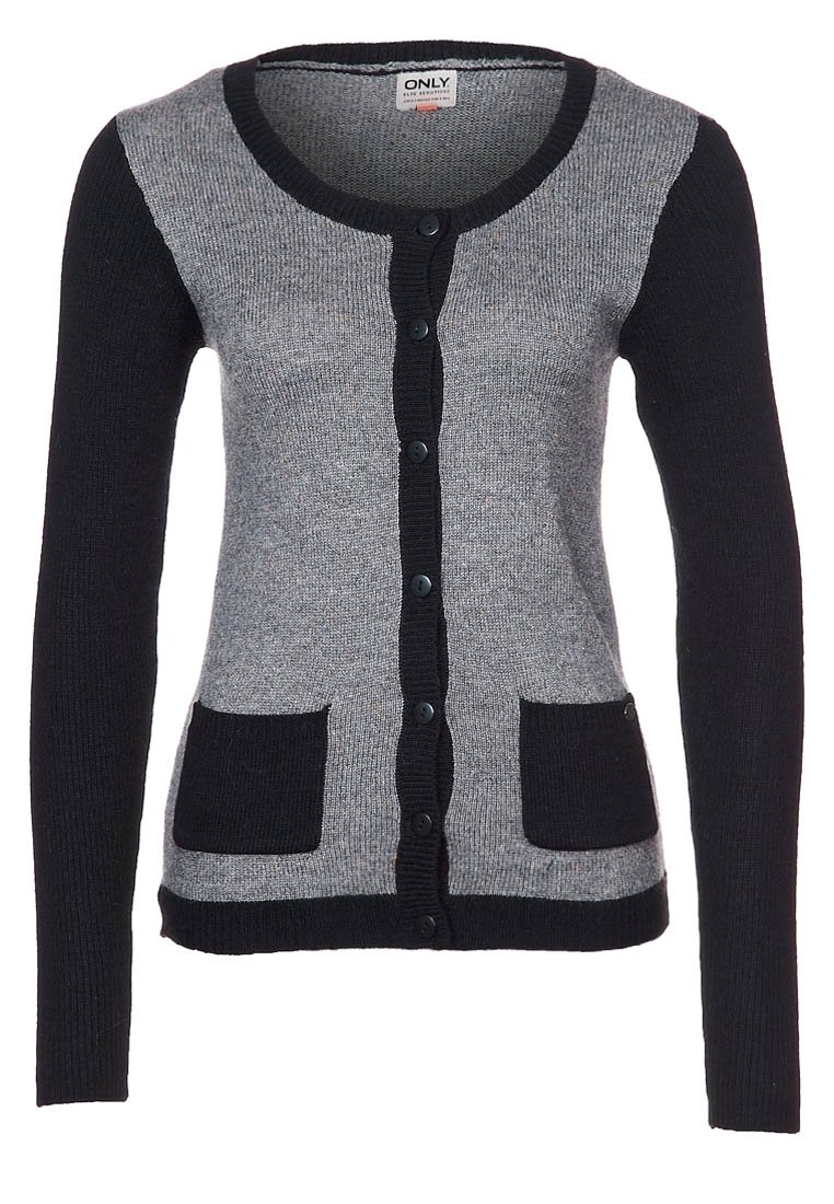 Cardigan grigio e nero con scollatura rotonda, chiusura a bottoni, due tasche frontali e polsini a costine. Realizzato in tessuto lavorato a maglia.