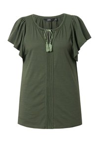 Vihreä lyhythihainen paita, jossa on pyöreä kaula-aukko, etuosassa nauhakiristykset ja tekstuurillista pystysuoraa ompelua keskellä. Pehmeä ja kevyt materiaali.