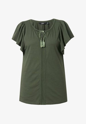 Grüner Kurzarm-Top mit Rundhalsausschnitt, vorderen Quastenbändern und strukturierten vertikalen Nähten entlang der Mitte. Weiches, leichtes Material.
