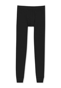 Leggings termici neri con vestibilità aderente, tessuto morbido e tasca anteriore sagomata. Si chiudono con polsini aderenti alla caviglia.