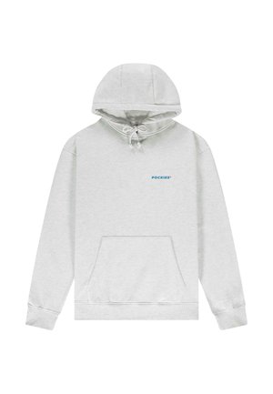 Lichtgrijze hoodie met een aantrekbare capuchon, buidelzak en ribgebreide manchetten. Heeft het "POCKIES" logo in het blauw op de voorkant.