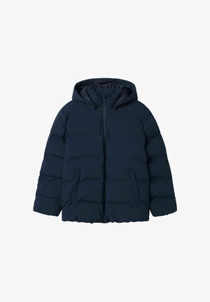 Doudoune bleu marine avec capuche, présentant des sections matelassées, une fermeture éclair frontale et deux poches latérales. Fabriquée en matériau léger.