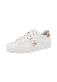 Sneaker bianco con esterno in pelle liscia, caratterizzato da una striscia di accento colore oro rosa metallico e dettaglio sul tallone, suola in gomma texturizzata.