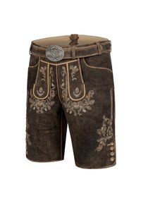Shorts en cuir marron foncé, avec des broderies florales complexes en beige, une boucle de ceinture en argent décorative et des accents de boutons sur le côté.