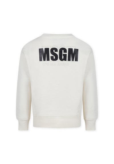 Kremowa bluza z długimi rękawami, ribbowanym wykończeniem na rękawach i dolnym brzegu. Ma duży, czarny logo "MSG" oraz tekst na plecach. Gładka w dotyku.