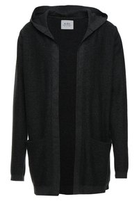 Dunkelgrauer Kapuzencardigan mit strukturierter Oberfläche, offenem Front, zwei Taschen und langen Ärmeln. Etikett im Innenkragen sichtbar.