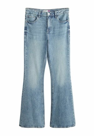 Lyseblå denim flare jeans med for- og baglomme, knap- og lynlåslukning foran og bæltestropper.