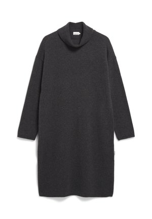 Dunkelgraues, übergroßes Rollkragenkleid aus weichem Strickstoff, mit langen Ärmeln und einer geraden Silhouette mit seitlichen Schlitzen.