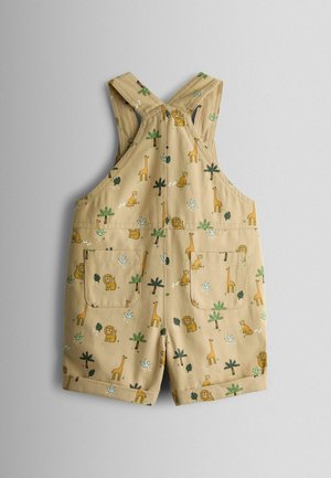 Beeži laste mänguriided džungli trükiga, millel on lõvid, kaelkirjakud, palmipuud ja kaks eesmist taskut, laotatud hallile taustale.