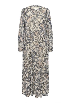 Hosszú, krémszínű ruha, kék paisley mintával, nyitott nyakkivágással és hosszú ujjakkal, könnyű anyagból kész ült.