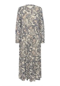 Pikk, kreemivärvi kleit, millel on sinine paisleimustratsioon, võtmeauku kaelus ja pikad varrukad, valmistatud kerge materjali abil.