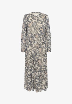 Dlhé krémové šaty s modrým paisley vzorom, s výstrihom v tvare kľúčovej dierky a dlhými rukávmi, vyrobené z ľahkého materiálu.