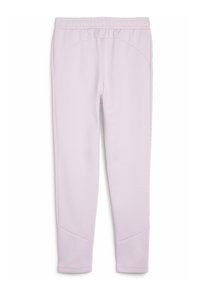 Svetlo roza jogger hlače, narejene iz mehkega, raztegljivega materiala. Opremljene so z elastičnim pasom in krivimi šivi ob straneh.