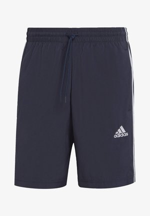 Pantalones cortos azul marino hechos de tejido liviano, con una cinturilla elástica y cordón, y franjas laterales en blanco en contraste junto con el logo.