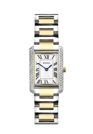 Sekonda two-tone silver and gold rectangular watch with crystal accents, white dial, black Roman numerals, and blue hour and minute hands.