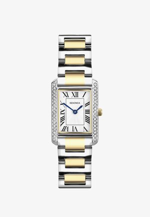 Sekonda two-tone silver and gold rectangular watch with crystal accents, white dial, black Roman numerals, and blue hour and minute hands.