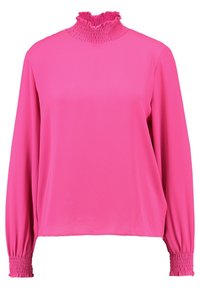 Blouse à manches longues rose vif avec col montant à volants et poignets élastiqués froncés, tissu à texture lisse, coupe décontractée.