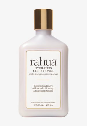 Butelka odżywki Rahua Hydration, biała z złotą nakrętką, oznaczona jako produkt do nawilżania włosów z sacha inchi, mango i botanikami z lasu deszczowego, 275 ml.