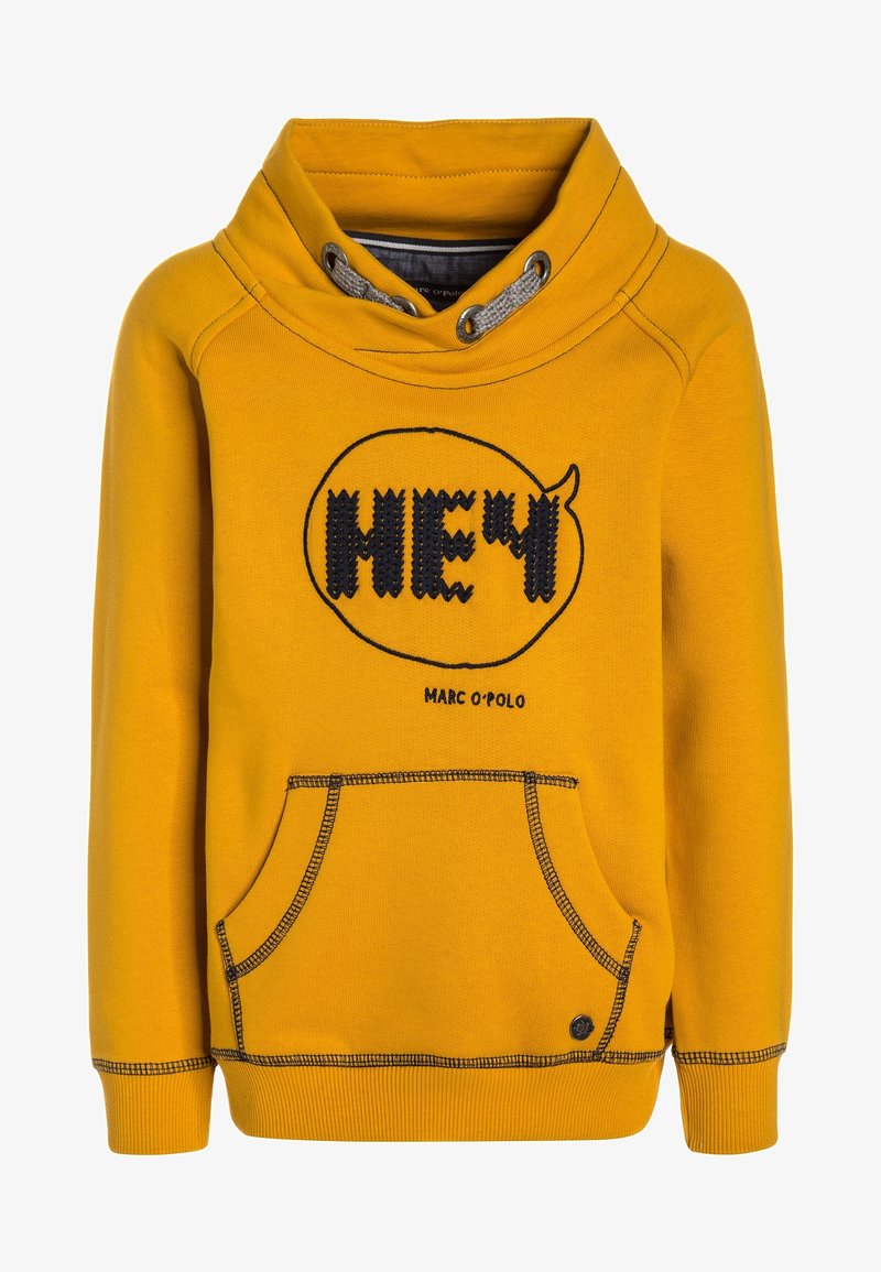 Felpa gialla con colletto alto, tasca frontale e grafica nera "HEY". Presenta cordini grigi e dettagli di cucitura a contrasto.