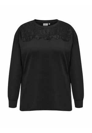 Black long-sleeve sweatshirt featuring a lace panel across the upper front. The fabric is smooth with ribbed cuffs and crew neckline.