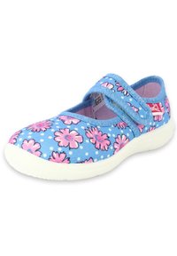 Blauer Stoffschuh mit pinkfarbenem Blumenmuster und weißen Punkten. Verfügt über einen Klettverschluss und eine feste weiße Gummisohle.