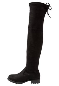 Botas de ante negras hasta la rodilla con suela plana, puntera redondeada y un lazo decorativo en la parte superior. Presentan una textura suave y un diseño ajustado.