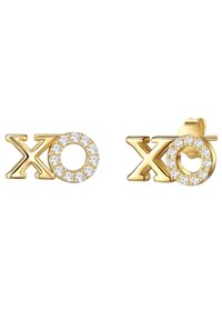 Zelta krāsas auskari-pīrsingi ar burtiem "X" un "O", kas dekorēti ar caurspīdīgiem rhinestones un apaļu dizainu.