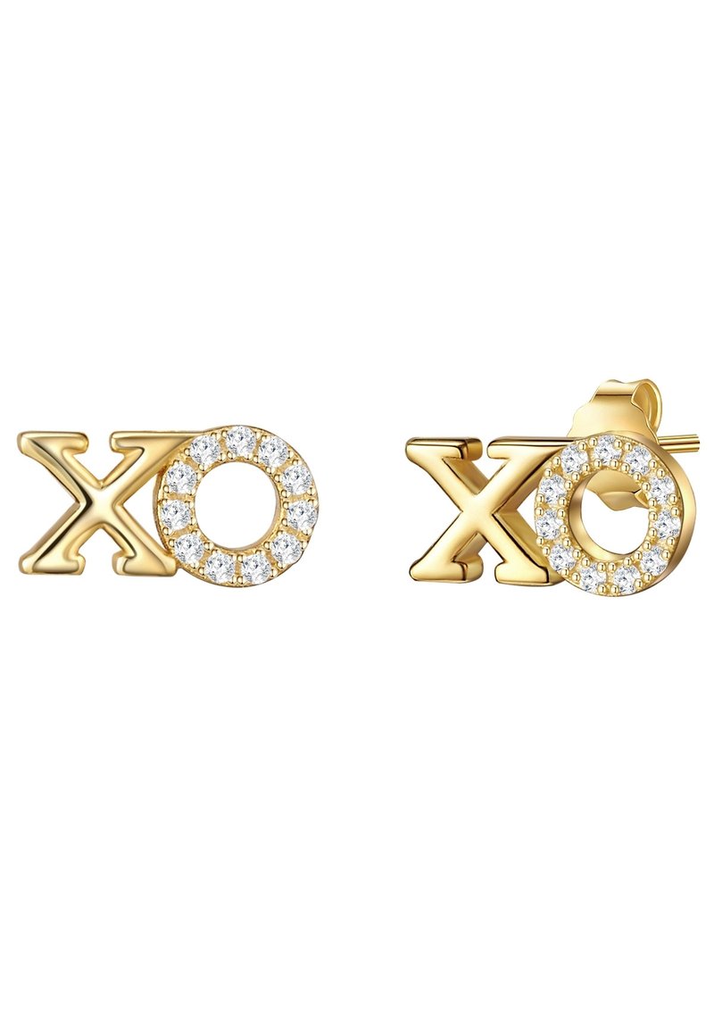 Zelta krāsas auskari-pīrsingi ar burtiem "X" un "O", kas dekorēti ar caurspīdīgiem rhinestones un apaļu dizainu.