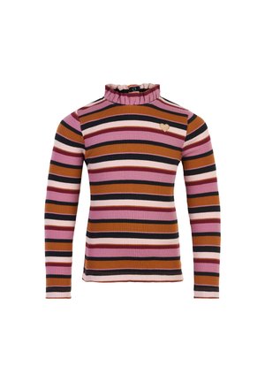 Langärmeliger, gerippter Rollkragenpullover mit horizontalen Streifen in Pink, Braun, Schwarz und Weiß, mit einem kleinen Herzpatch auf der Brust.