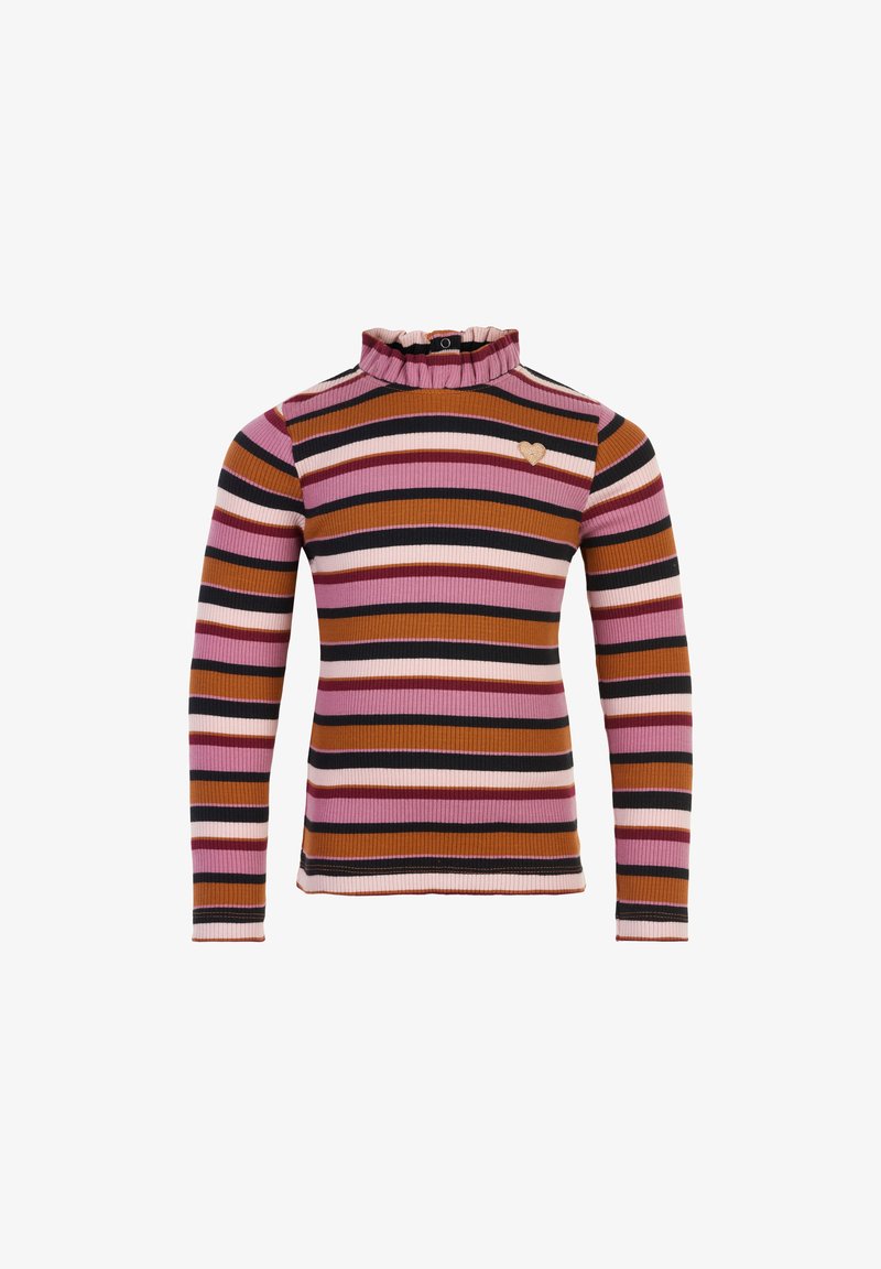 Pull à col roulé côtelé à manches longues avec des rayures horizontales rose, marron, noir et blanc, avec un petit écusson en forme de cœur sur la poitrine.
