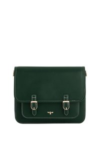 Borsa a tracolla verde in pelle con dettagli dorati, due fibbie frontali e cuciture bianche. Forma rettangolare con chiusura a patta.