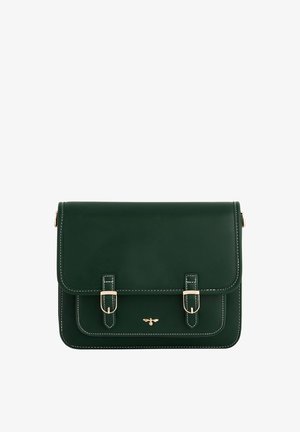 Grøn læder messenger taske med guld accenter, to front spænder og hvid syning. Firkantet form med klaplukning.