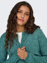 Turquoise cardigan with a textured knit design, featuring silver buttons and ribbed cuffs. Model wears a white top underneath.