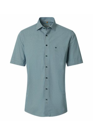 Herre kortærmet skjorte med knapper i lyseblå med lille geometrisk mønster og spids krave.