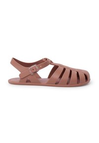 Brown rubber sandals with a strap and buckle, featuring a crisscross design and cut-out sections for ventilation. Flat sole.