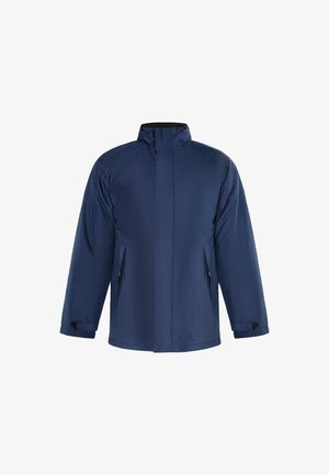 Marineblauer isolierter Mantel mit hohem Kragen, zwei Fronttaschen und einer glatten Nylon-Oberfläche. Verfügt über lange Ärmel und einen geraden Schnitt.