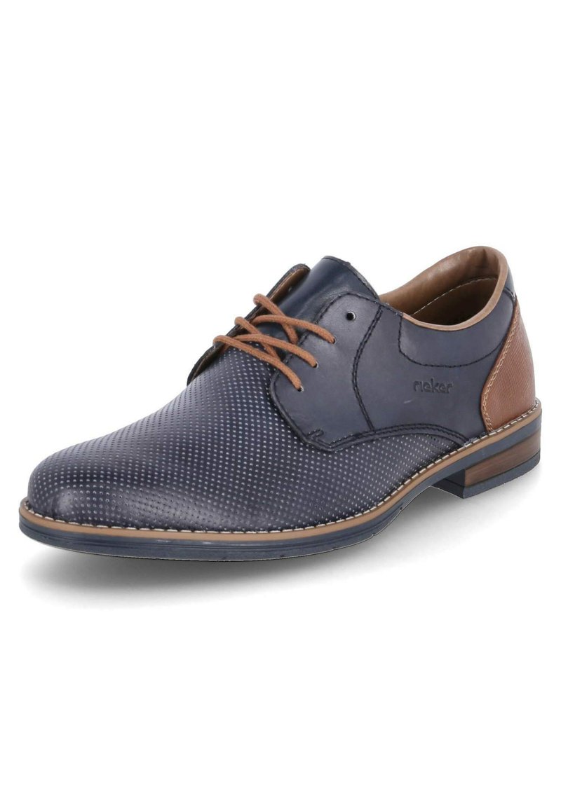 Navy leather shoe with a perforated texture, brown accents, and flat lace closure. Features a low heel and contrasting stitching.
