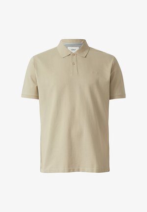 Beiges kurzärmeliges Poloshirt mit Kragen, zwei Knöpfen am Ausschnitt und dezentem Markenlogo auf der linken Brust.