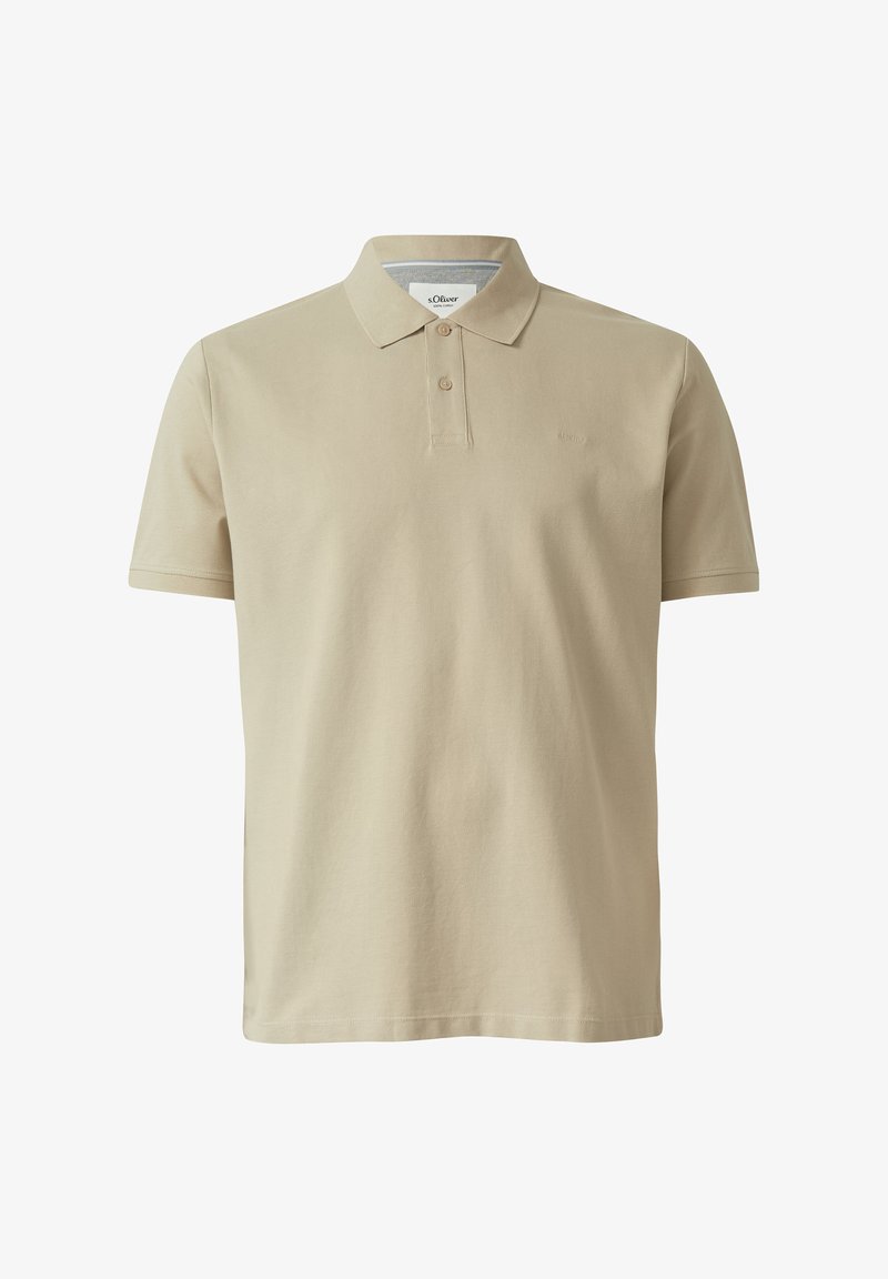 Polo beige à manches courtes avec col, patte de boutonnage à deux boutons et logo discret de la marque sur le côté gauche de la poitrine.