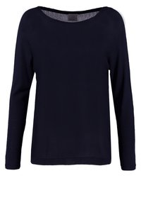 Granatowy sweter z dzianiny z szerokim okrągłym dekoltem, długimi rękawami i luźnym krojem. Miękka tekstura z ribbowanym wykończeniem u dołu.